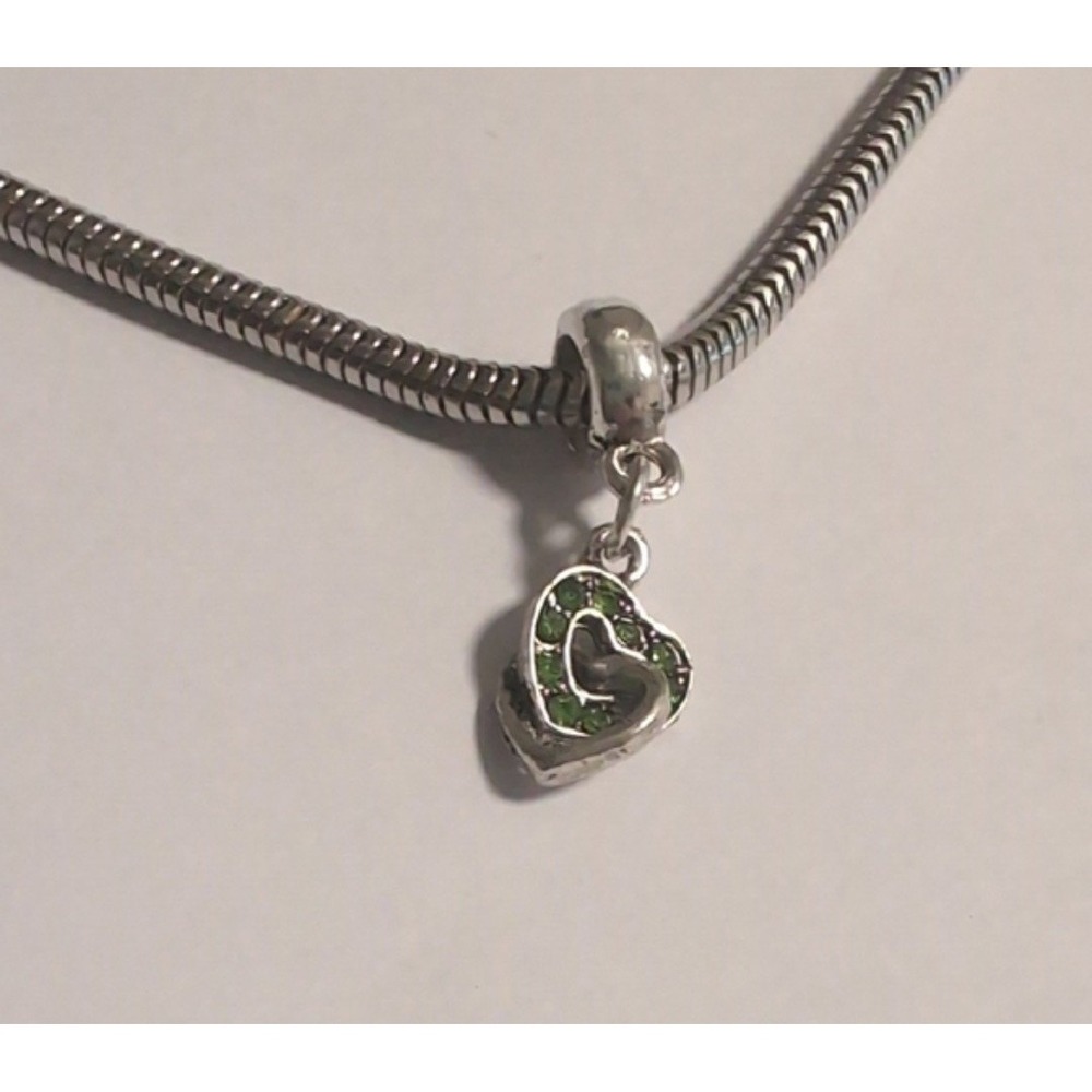 Silver Plated Green Crystal Double‎ Heart Dangle Charm for Bracelet Pavé Bead